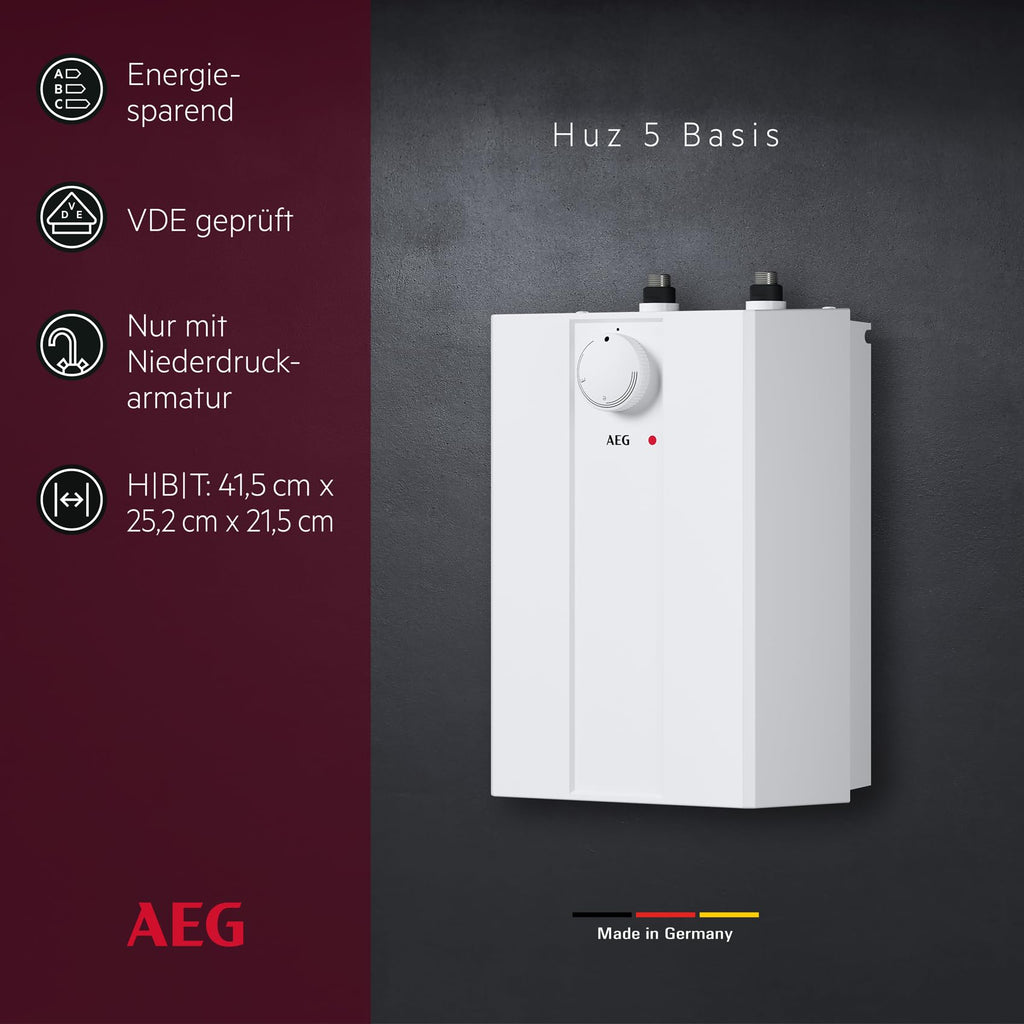 AEG druckloser Kleinspeicher Huz 5 Basis, Untertischboiler 5 Liter Niederdruck, steckerfertig, 2 kW, 222162