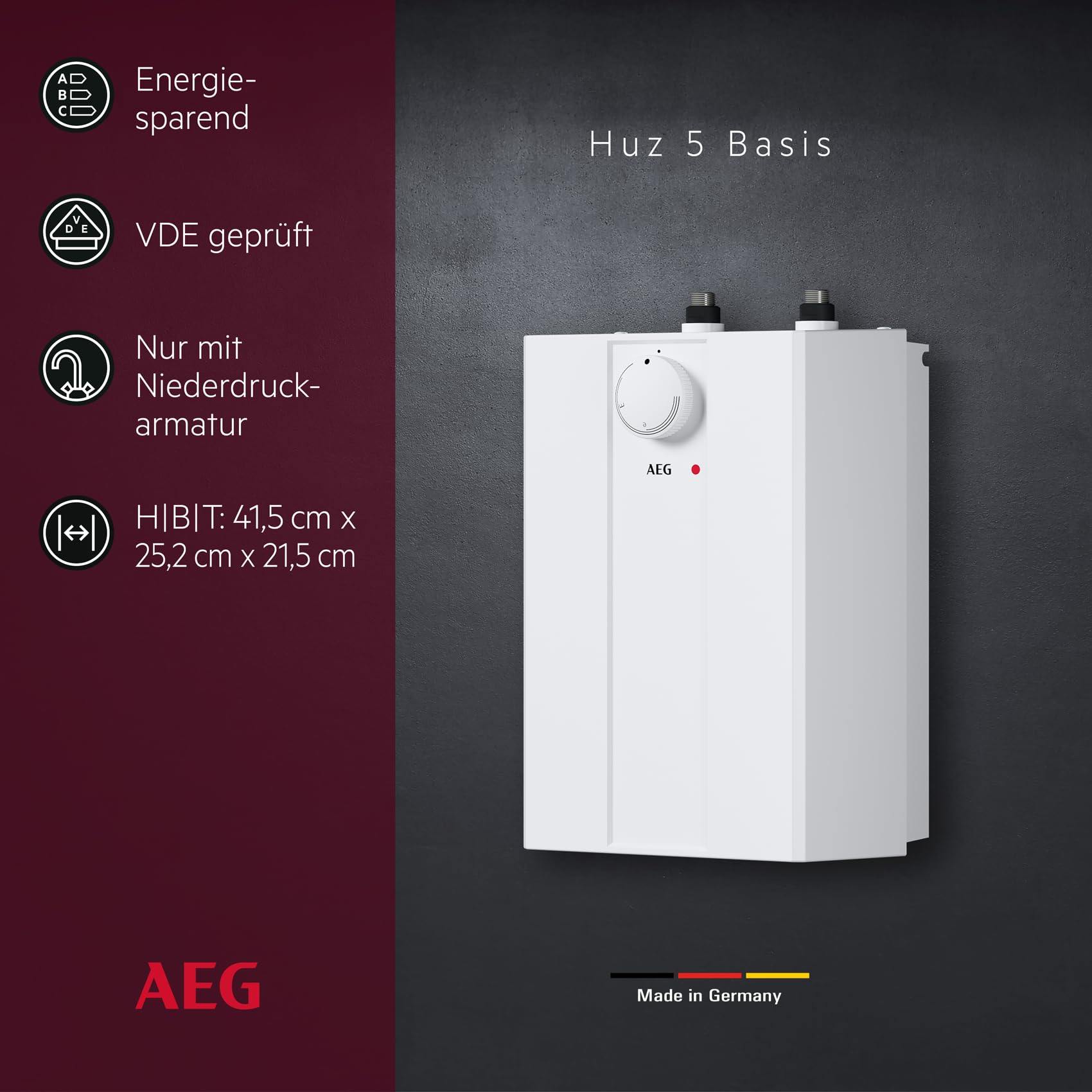 AEG druckloser Kleinspeicher Huz 5 Basis, Untertischboiler 5 Liter Niederdruck, steckerfertig, 2 kW, 222162