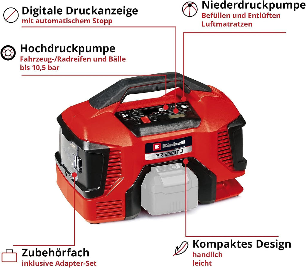 Einhell Akku-Kompressor PRESSITO 18/21 Power X-Change (18 V, max. 10.5 bar, 21 l/min Ansaugleistung, Motordrehzahl 18000 min^-1, ölfrei, ohne Akku)