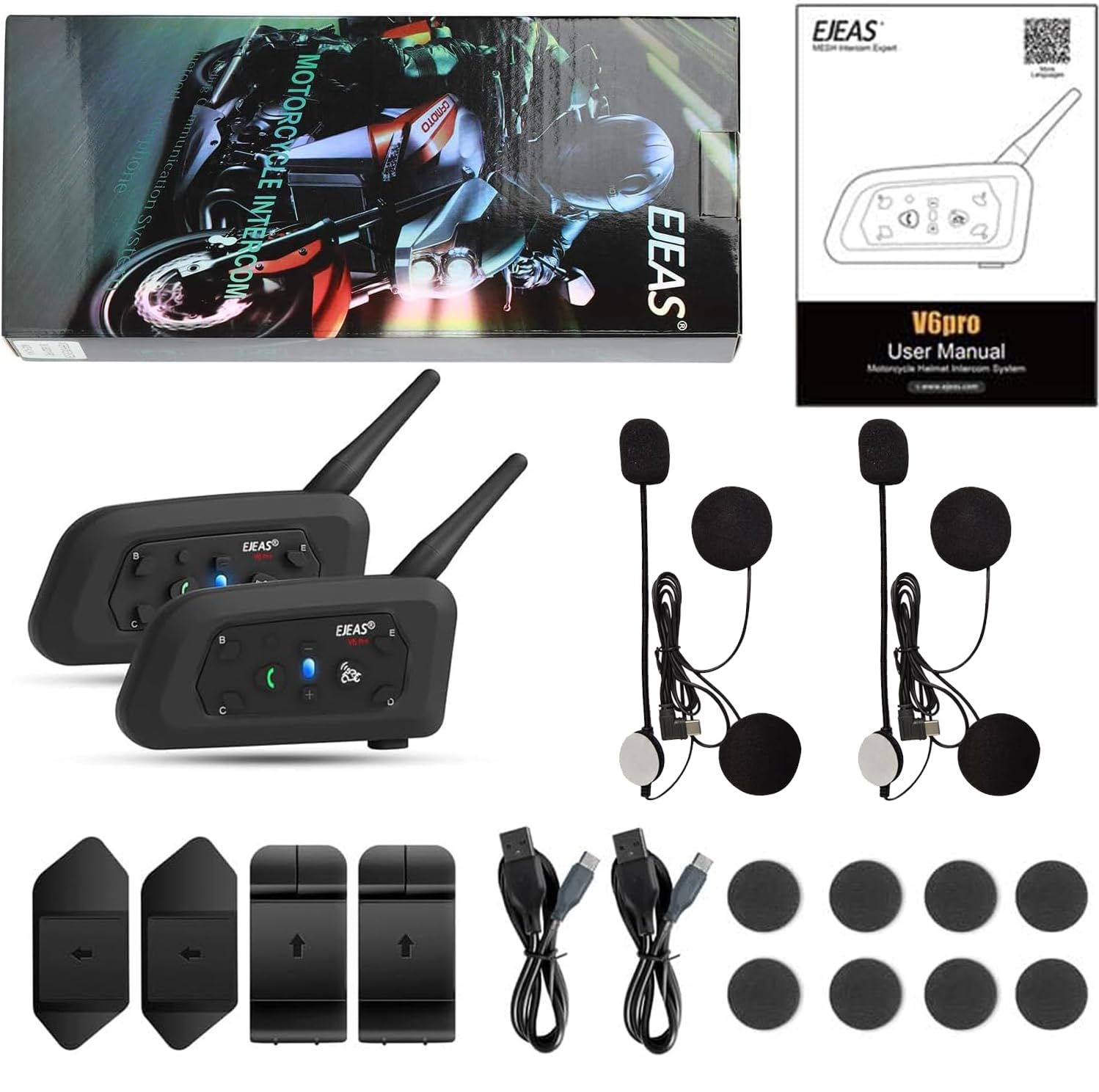 EJEAS V6PRO Motorrad Intercom Bluetooth Headsets 1200m bis zu 6 Reiters DSP-Rauschunterdrückung, Wasserdicht, Kommunikationssystem für Motorräder, USB-C