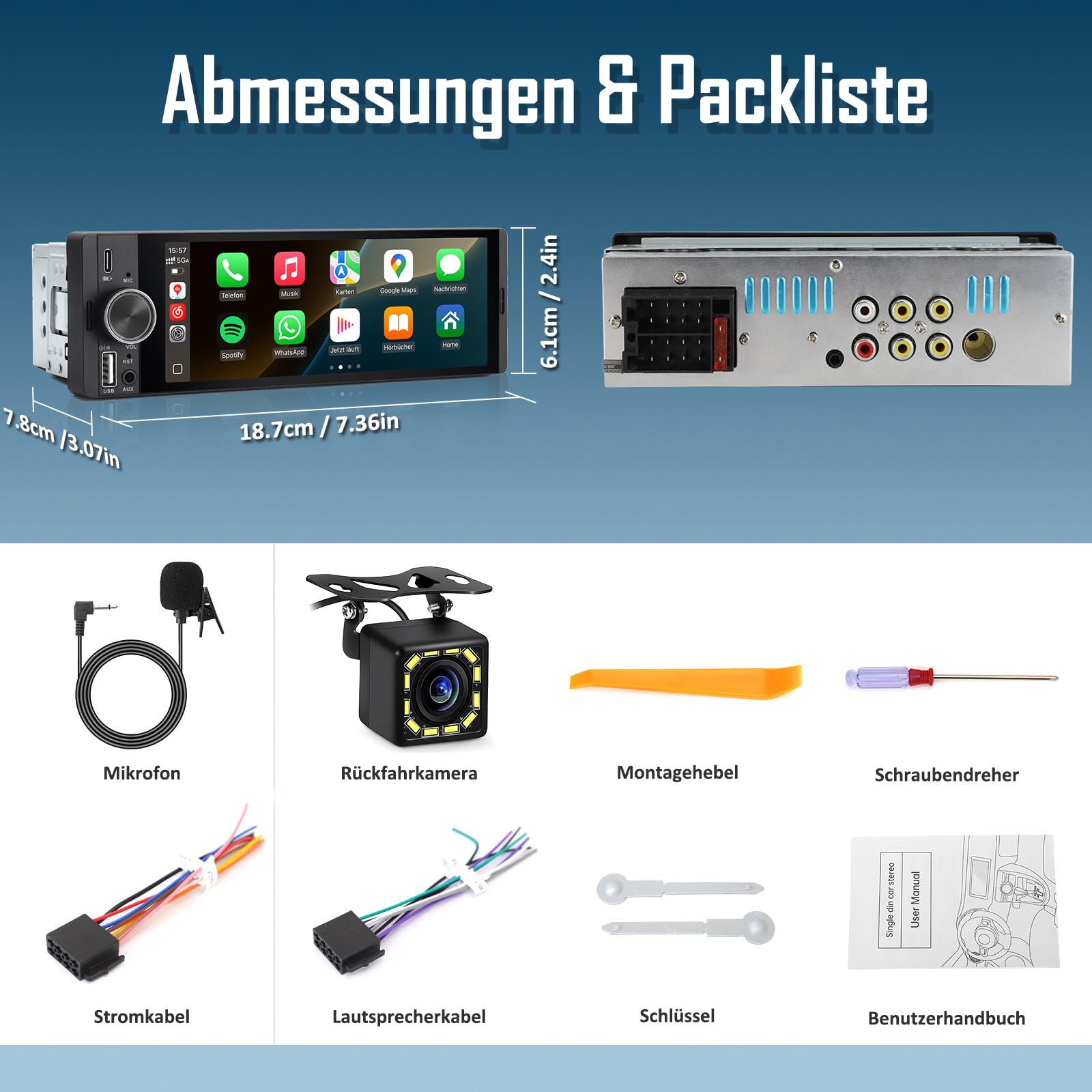 1 DIN Autoradio mit Wireless CarPlay & Android Auto, 6,36 Zoll Auto Radio mit Bildschirm, Rückfahrkamera, FM, Bluetooth, Freisprecheinrichtung, Aux-Eingang, Lenkradsteuerung, Equalizer, Mirror Link