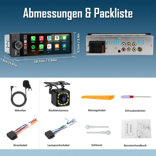 1 DIN Autoradio mit Wireless CarPlay & Android Auto, 6,36 Zoll Auto Radio mit Bildschirm, Rückfahrkamera, FM, Bluetooth, Freisprecheinrichtung, Aux-Eingang, Lenkradsteuerung, Equalizer, Mirror Link