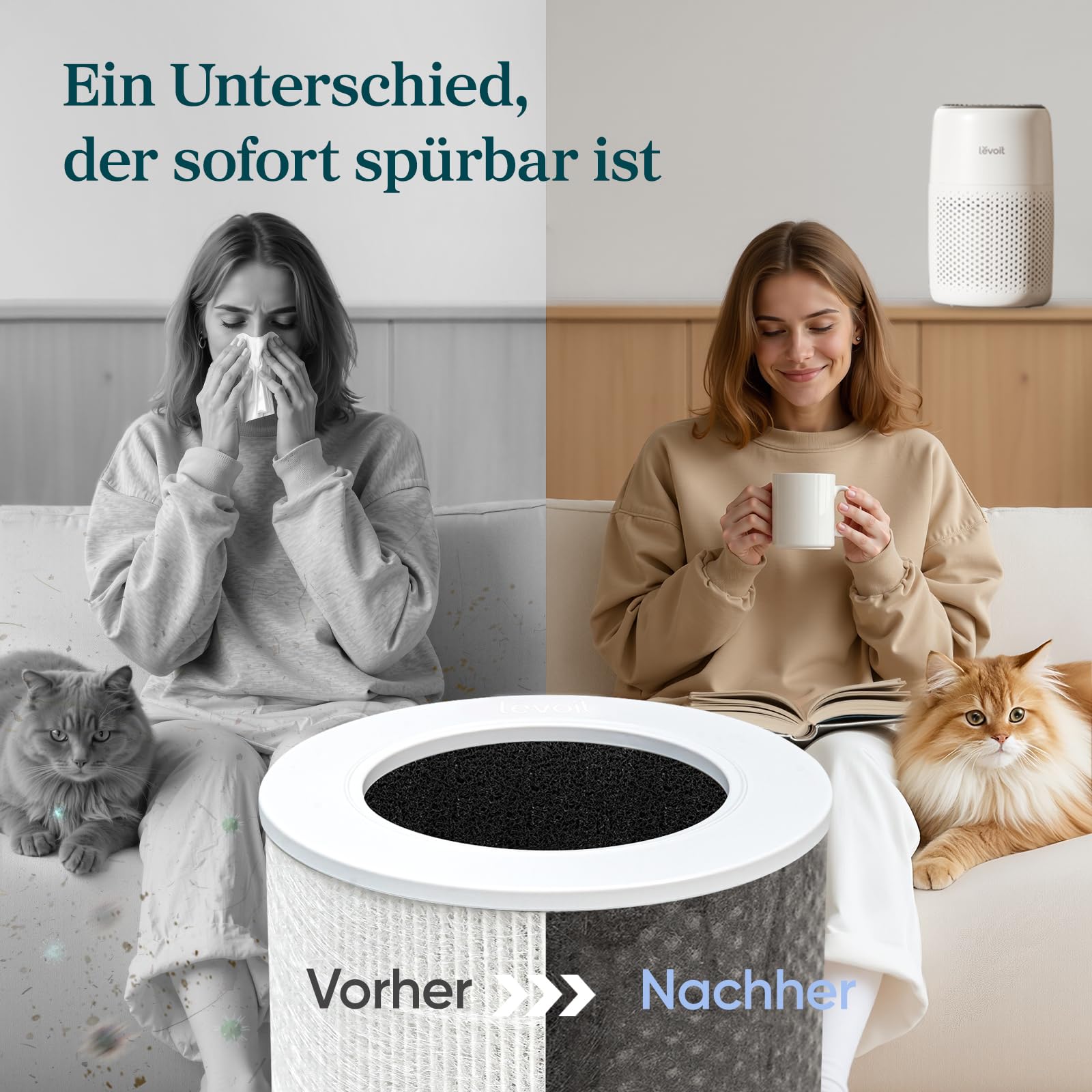 Levoit Luftreiniger Allergiker mit Aromatherapie, HEPA Luftfilter gegen Schimmel, Staub und Tierhaare bis zu 0,3 µm für Schlafzimmer, 7 Watt Energiesparend, 3 Geschwindigkeiten, Weiß
