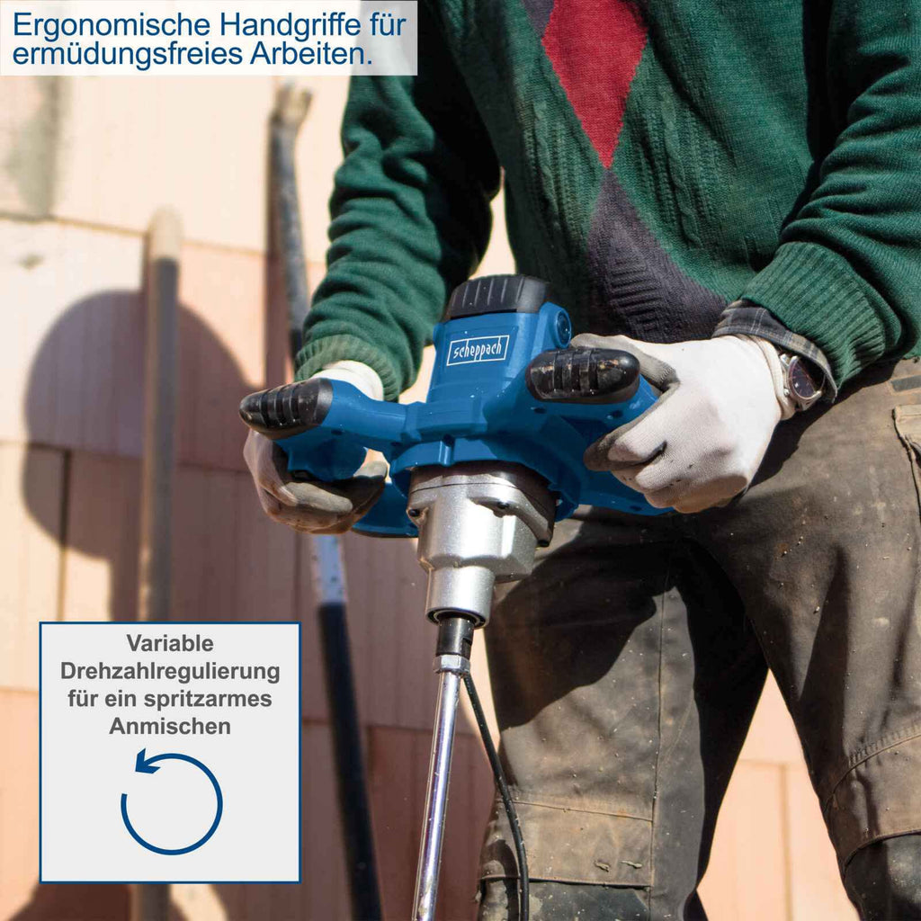 Scheppach Handrührwerk PM1400 Rührwerk Mörtelrührer Farbrührer | 1400W Leistung | 2-Gang-Getriebe mit variabler Drehzahl 570 / 760min1 | inkl. Mörtel (580mm) und Farbquirl (590mm) mit M14 Gewinde