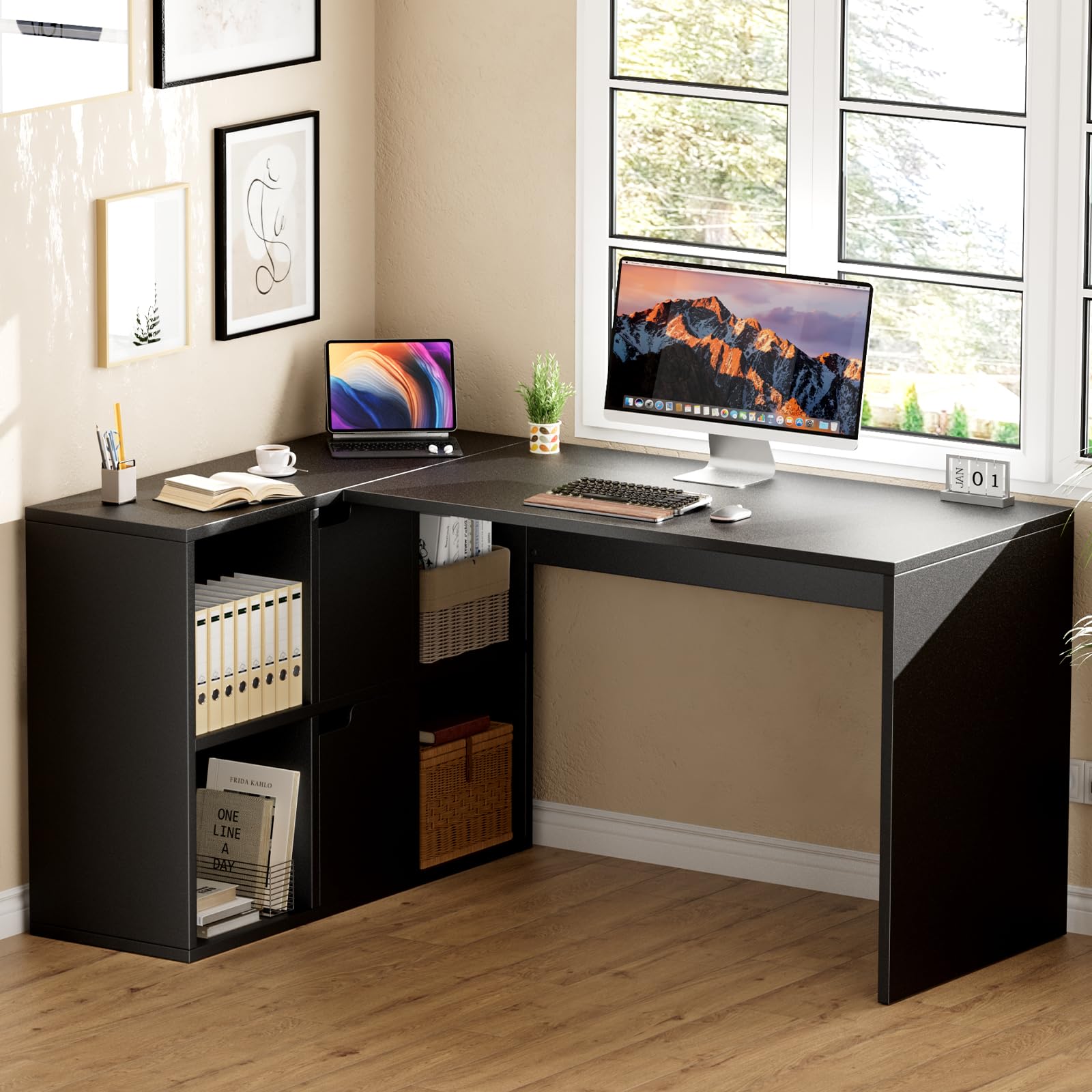 Sweetcrispy L-Form Schreibtisch mit Regal & Schrank, 120x100x75cm Eckschreibtisch, Starker Gaming Tisch mit Ablageflächen, Einfacher Montage, Schwarz