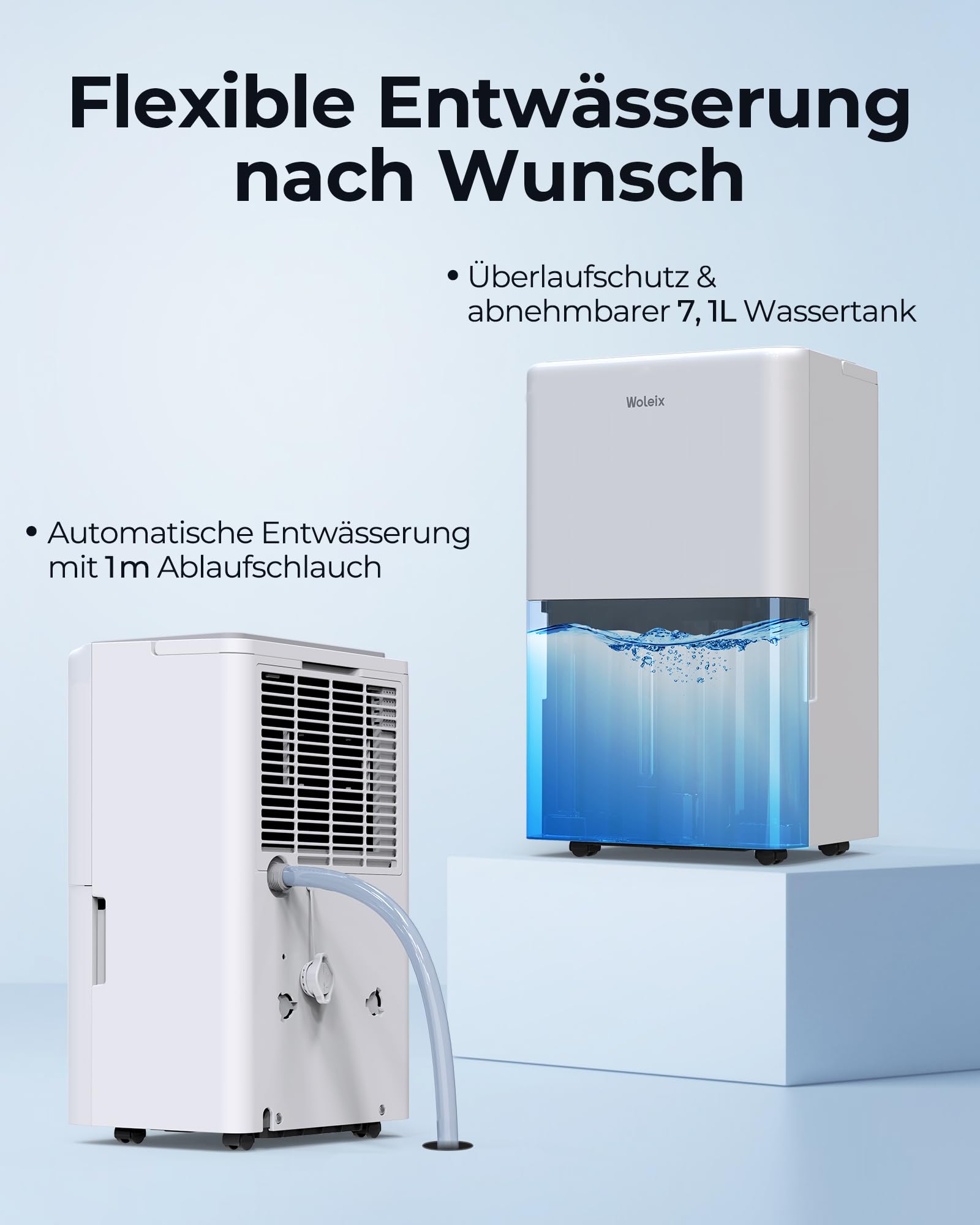 Woleix Luftentfeuchter elektrisch 50L, Entfeuchter elektrisch für Keller, Raumentfeuchter elektrisch 43dB für Räume bis zu 320m³/125m², mit Timer, Filter und 1M Ablaufschlauch, 10 J. Gar.