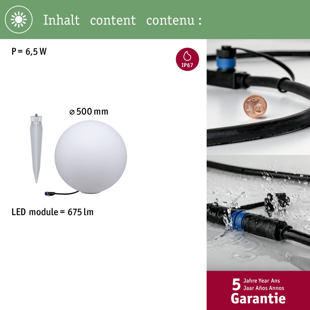 Paulmann 94179 Plug & Shine Lichtobjekt Globe IP67 3000K 575lm 24V Kugelleuchte Aussenleuchte Gartenbeleuchtung Terassenbeleuchtung 94179