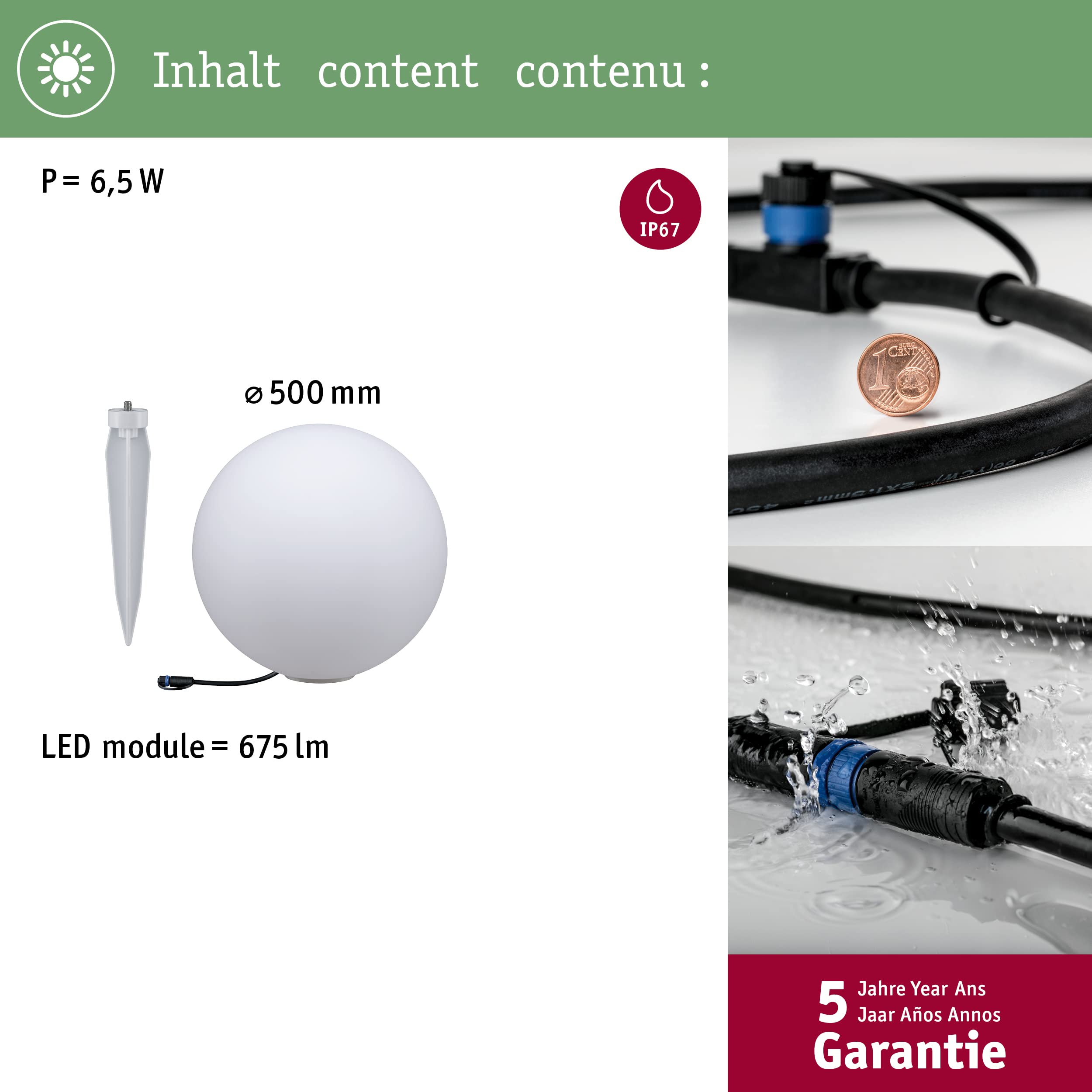 Paulmann 94179 Plug & Shine Lichtobjekt Globe IP67 3000K 575lm 24V Kugelleuchte Aussenleuchte Gartenbeleuchtung Terassenbeleuchtung 94179