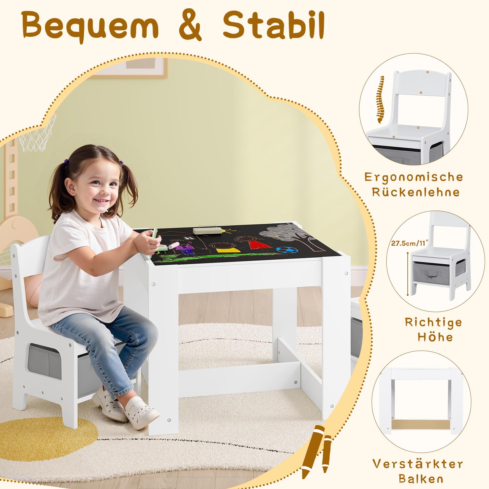 Lestarain 3 TLG. Kindertisch mit 2 Stühlen, Kindersitzgruppe, Kindermöbel Set mit Stauraum, Malttisch für Vorschüler, Tischplatte mit Tafel und Papierrolle, für Kinderzimmer Spielzimmer, Weiß
