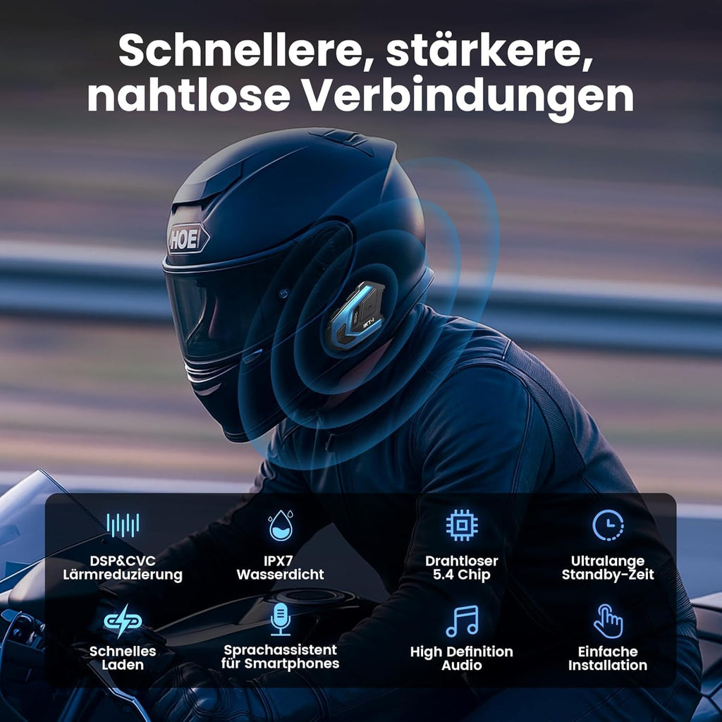 WAYXIN KT1 Motorrad Bluetooth 5.4 Kopfhörer, Motorrad Headset mit DSP & CVC Dual Geräuschunterdrückung, Motorradhelm Bluetooth mit HI-FI, Freisprechfunktion/IP67 Wasserschutz （Kopplung Nicht möglich）