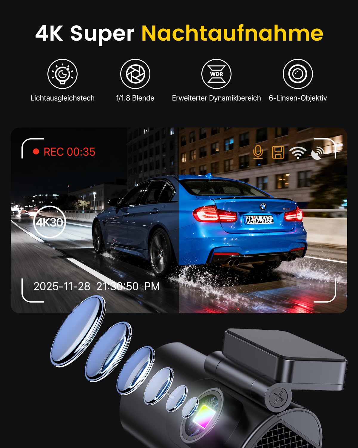GKU 4K Dashcam Auto Vorne Hinten, 5GHz WiFi Dashcam mit 64GB SD Karte, Auto Kamera mit Parküberwachung, Super Nachtsicht, WDR, 170° Weitwinkel, G-Sensor, Loop-Aufnahme, APP Steuerung, Max 256GB