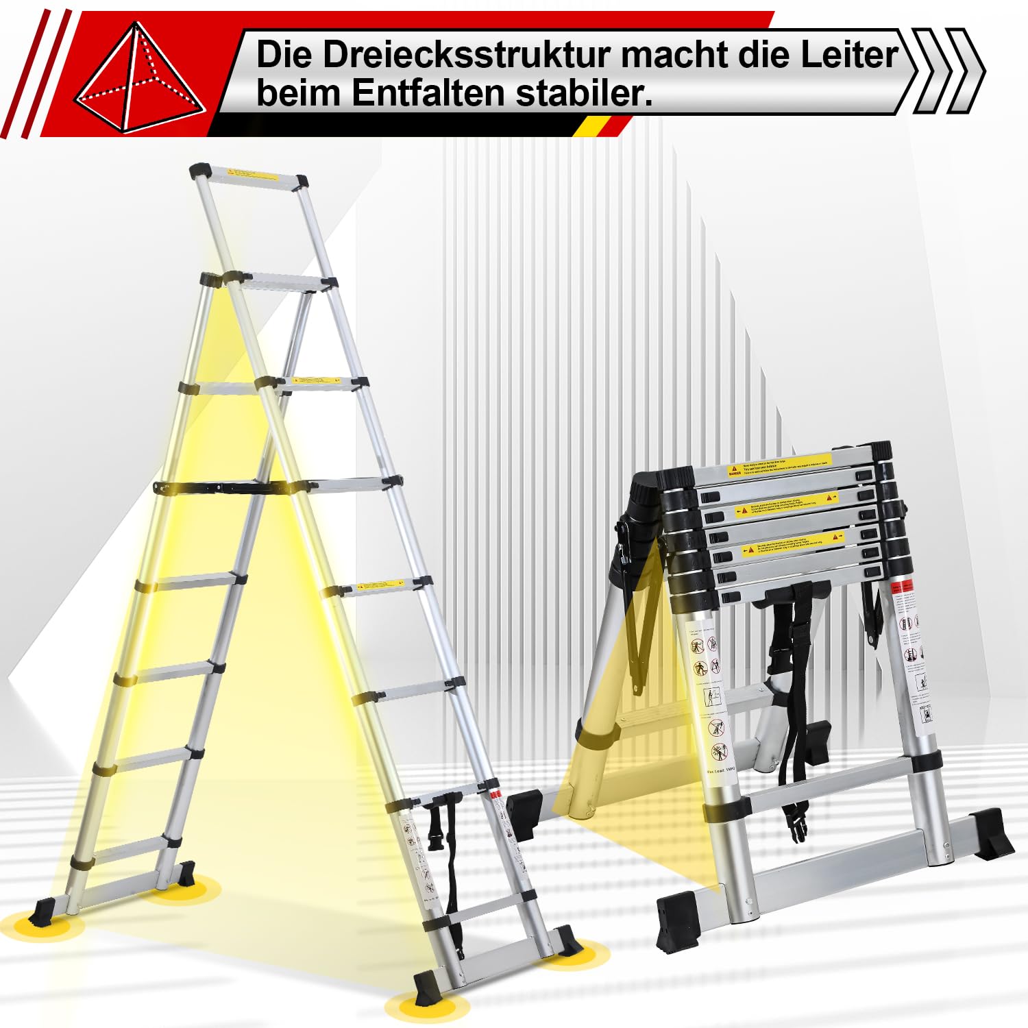 Lospitch 2M+2.3M Teleskopleiter Klappleiter, Rutschfester Aluleiter Mehrzweckleiter Ausziehbare Leiter, A-Rahmen 6+7 Sprossen Aluminiumleiter, 150 kg Tragfähigkeit