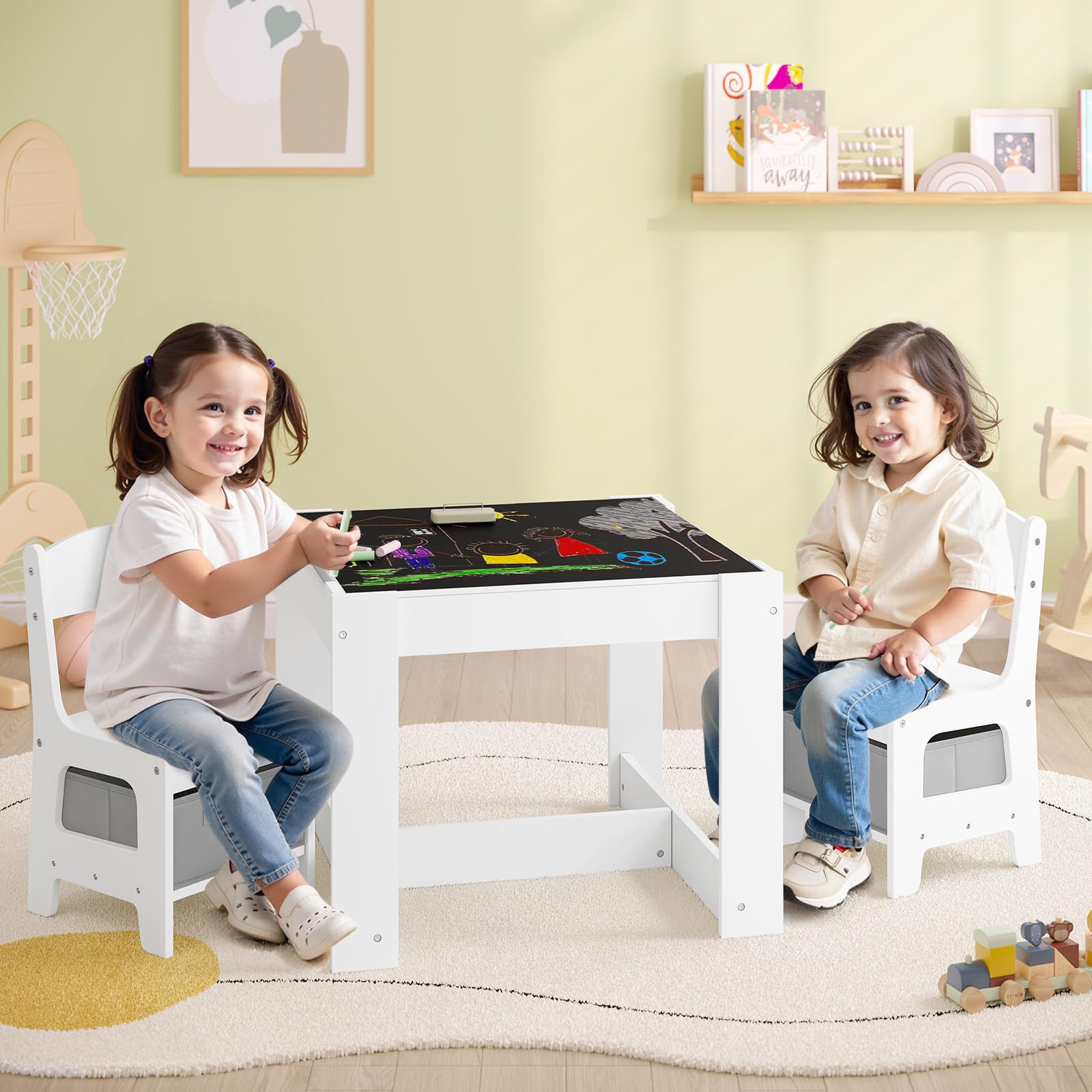 Lestarain 3 TLG. Kindertisch mit 2 Stühlen, Kindersitzgruppe, Kindermöbel Set mit Stauraum, Malttisch für Vorschüler, Tischplatte mit Tafel und Papierrolle, für Kinderzimmer Spielzimmer, Weiß