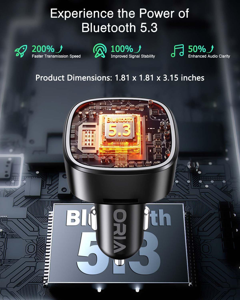 ORIA Bluetooth FM Transmitter Auto, Bluetooth 5.3 Adapter für Auto Radio, Rauschunterdrückung Mikrofon & 2 USB Aufladung, Freisprechen Carkit, unterstützt BT, SD-Karte, USB-Stick