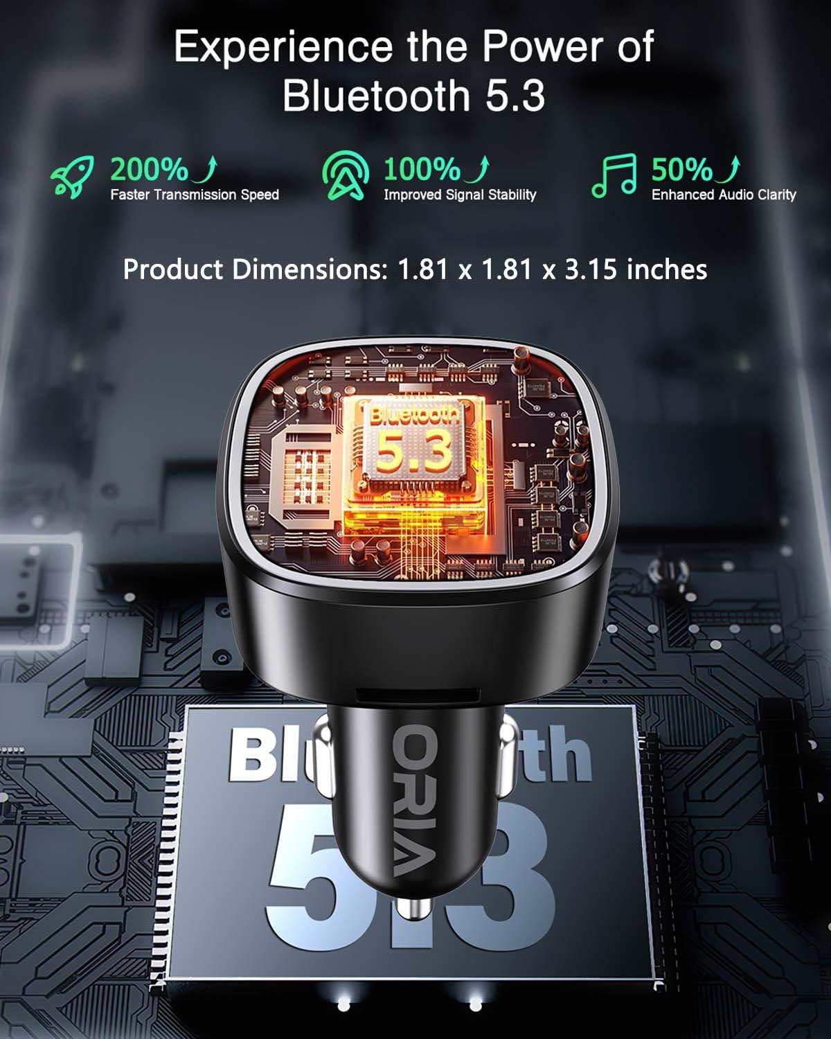ORIA Bluetooth FM Transmitter Auto, Bluetooth 5.3 Adapter für Auto Radio, Rauschunterdrückung Mikrofon & 2 USB Aufladung, Freisprechen Carkit, unterstützt BT, SD-Karte, USB-Stick
