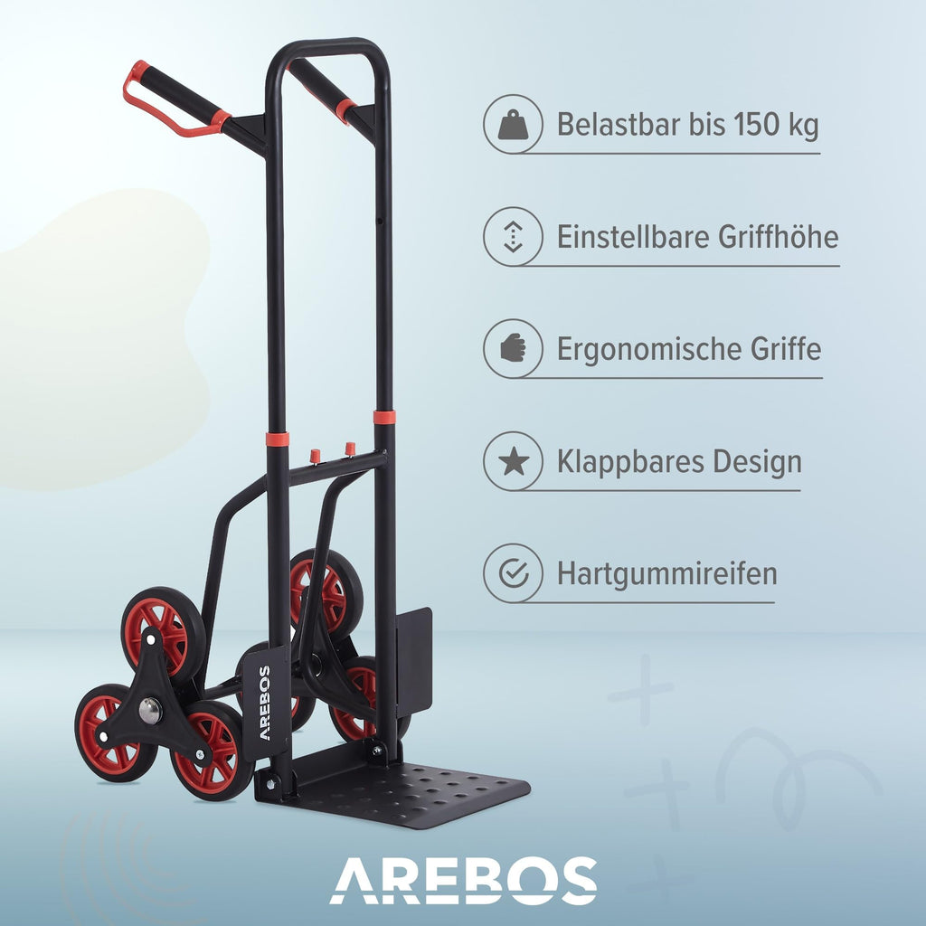 Arebos Treppenkarre Sackkarre | Treppensackkarre klappbar | Treppensteiger mit Hartgummireifen & Stahlrahmen | Transportkarre Staplerkarre | Transportwagen für Umzug & schwere Gegenstände | Schwarz