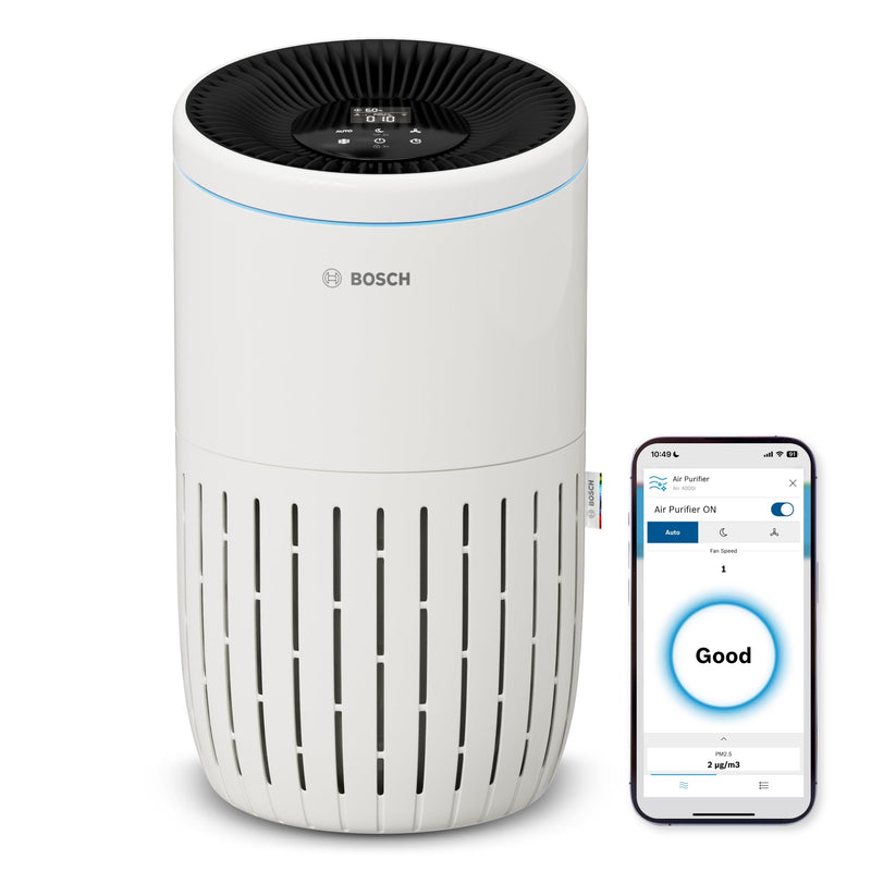Bosch Air 4000i App-gesteuerter Luftreiniger - Für Räume bis zu 62,5 m² - Entfernt Schadstoffe - Mit 3-in-1 Luftfilter, Smart Sensor, Automatikmodus, Ruhemodus (< 25 dB(A)) - CADR: 300 m³/h