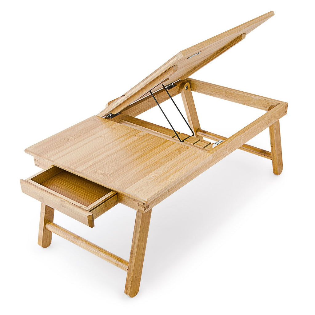Relaxdays Laptoptisch aus Bambus HBT: 24 x 55 x 33 cm Beistelltisch mit praktischem Fach für Stifte oder Notizen verstellbarer Computertisch als Knietisch und Betttisch Notebooktisch aus Holz, natur