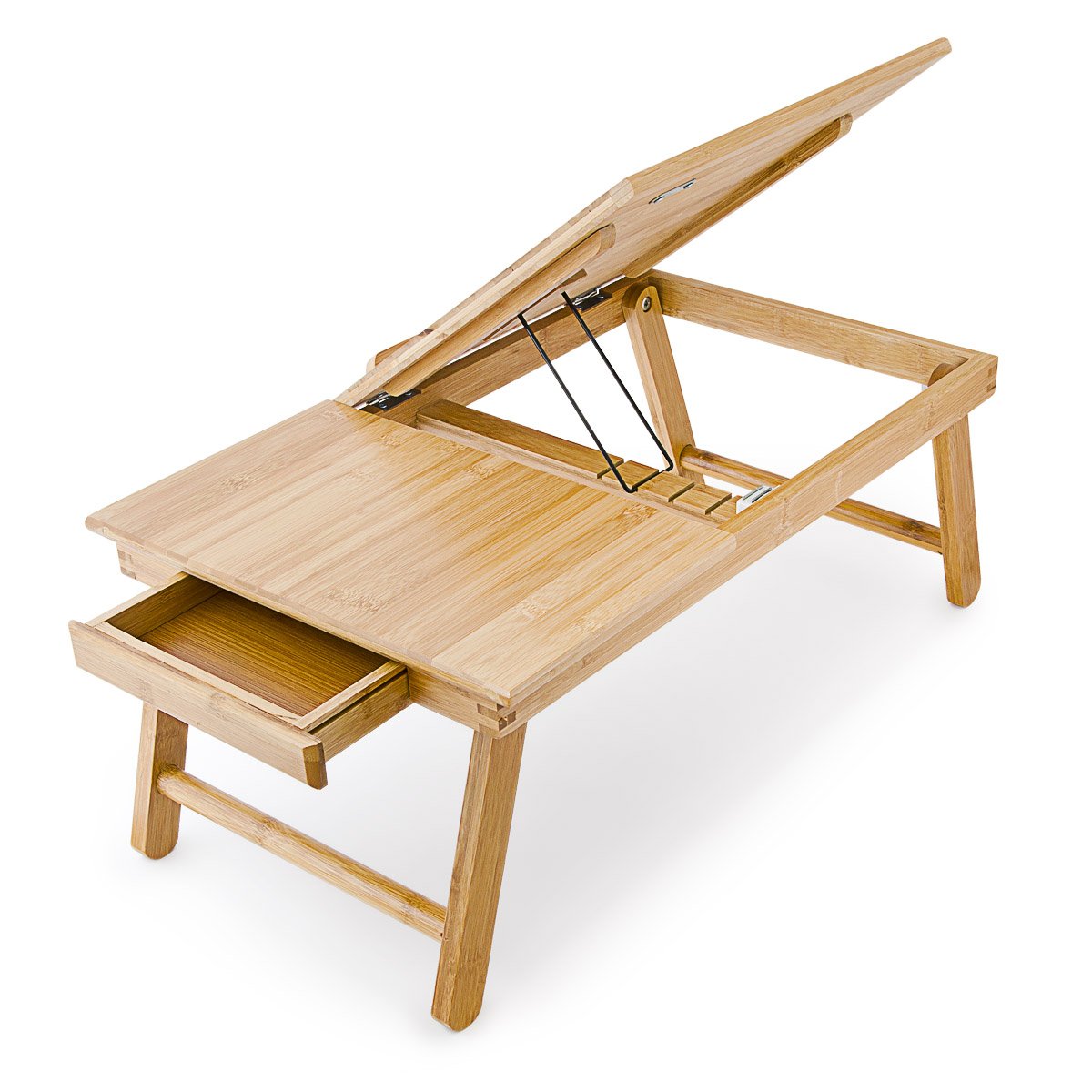Relaxdays Laptoptisch aus Bambus HBT: 24 x 55 x 33 cm Beistelltisch mit praktischem Fach für Stifte oder Notizen verstellbarer Computertisch als Knietisch und Betttisch Notebooktisch aus Holz, natur