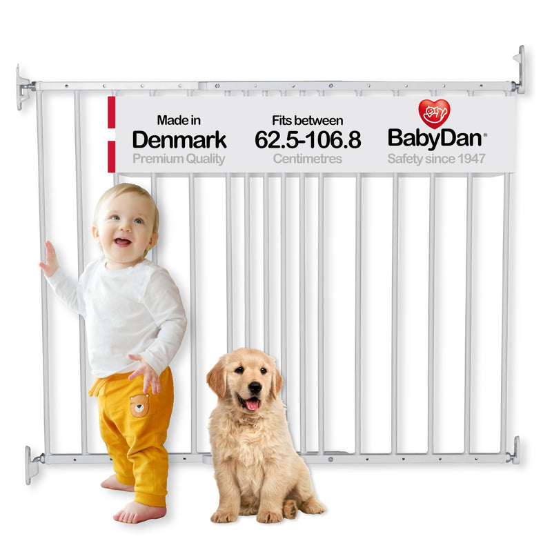 BabyDan MultiDan, 62,5-106,8 cm, Verlängerbares Treppenschutzgitter/Babygitter/Sicherheitsgitter, Metall, Weiß, Hergestellt in Dänemark - (Haustiergitter/Hundegitter)