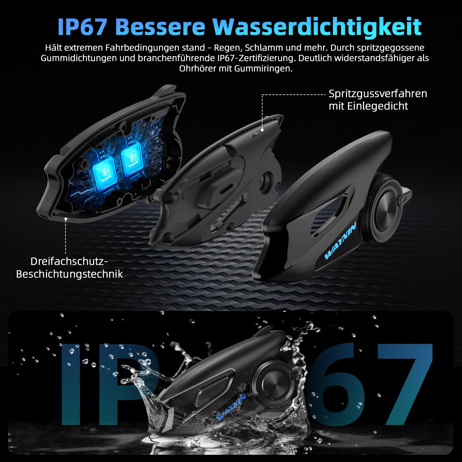 WAYXIN X6S Motorrad Intercom,integriertem Mesh Intercom System, Dual-Chip für Audio-Multitasking Kopfhörer,Helm Headset für bis zu 8 Motorräder,mit HiFi/Musik Teilen/FM/AI Sprache (Schwarz-2pcs)