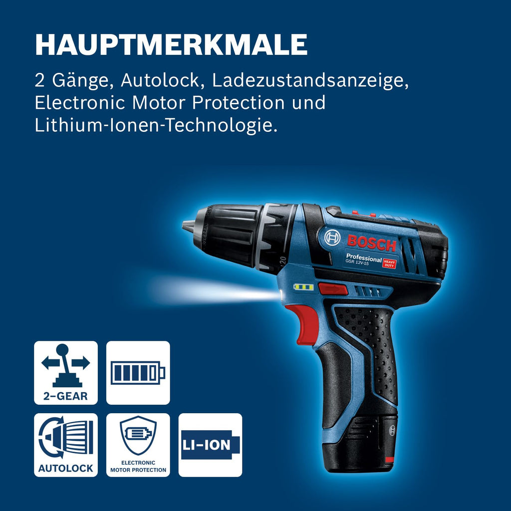 Bosch Professional 12V System Akku Bohrschrauber GSR 12V-15 (inkl. 39 tlg. Zubehörset, 2.0Ah Akku, 4.0Ah Akku, Ladegerät GAL 12V-20, Werkzeugtasche)