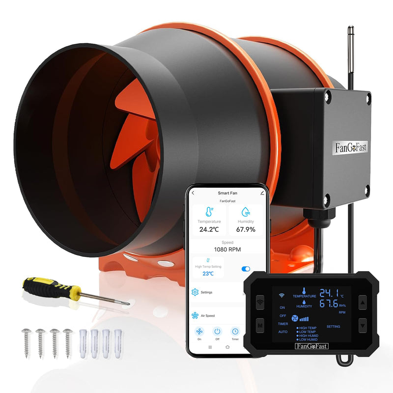FanGoFast 150 mm WIFI APP Rohrventilator mit Temperatur- und Feuchtigkeitsregler, EC-Motor, 2550 U/min Abluftventilator für Supercharger, Zelte, Gewächshäuser und Growräume