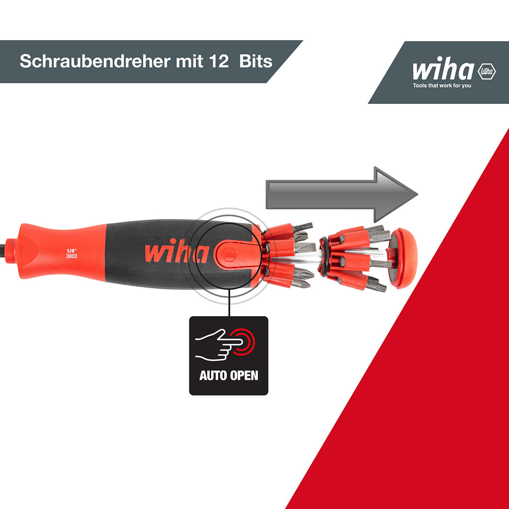 Wiha Schraubendreher mit Bit Magazin LiftUp 25 magnetisch gemischt mit 12 Bits, 1/4" (3803), Bits im Griff, langlebig, universell, Bitsatz, Bithalter, platzsparend, kompakt, stabil