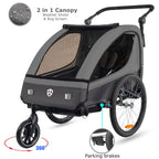 Tiggo VS Kinderanhänger 360° Drehbar mit Federung 2in1 Fahrradanhänger mit Buggy Set Jogger 5-Punkt Gurt Fahrrad Anhänger für 1 bis 2 Kinder max. 40kg (Dunkel Grau)