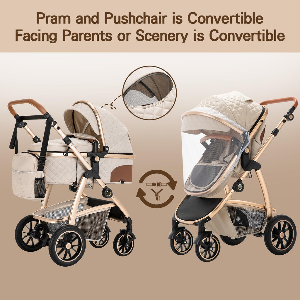 Gcarebb 3-in-1-Kinderwagen mit höhenverstellbarem Griff, mit Moskitonetz, mit Aluminiumrahmen, für Babys von 0 bis 4 Jahren