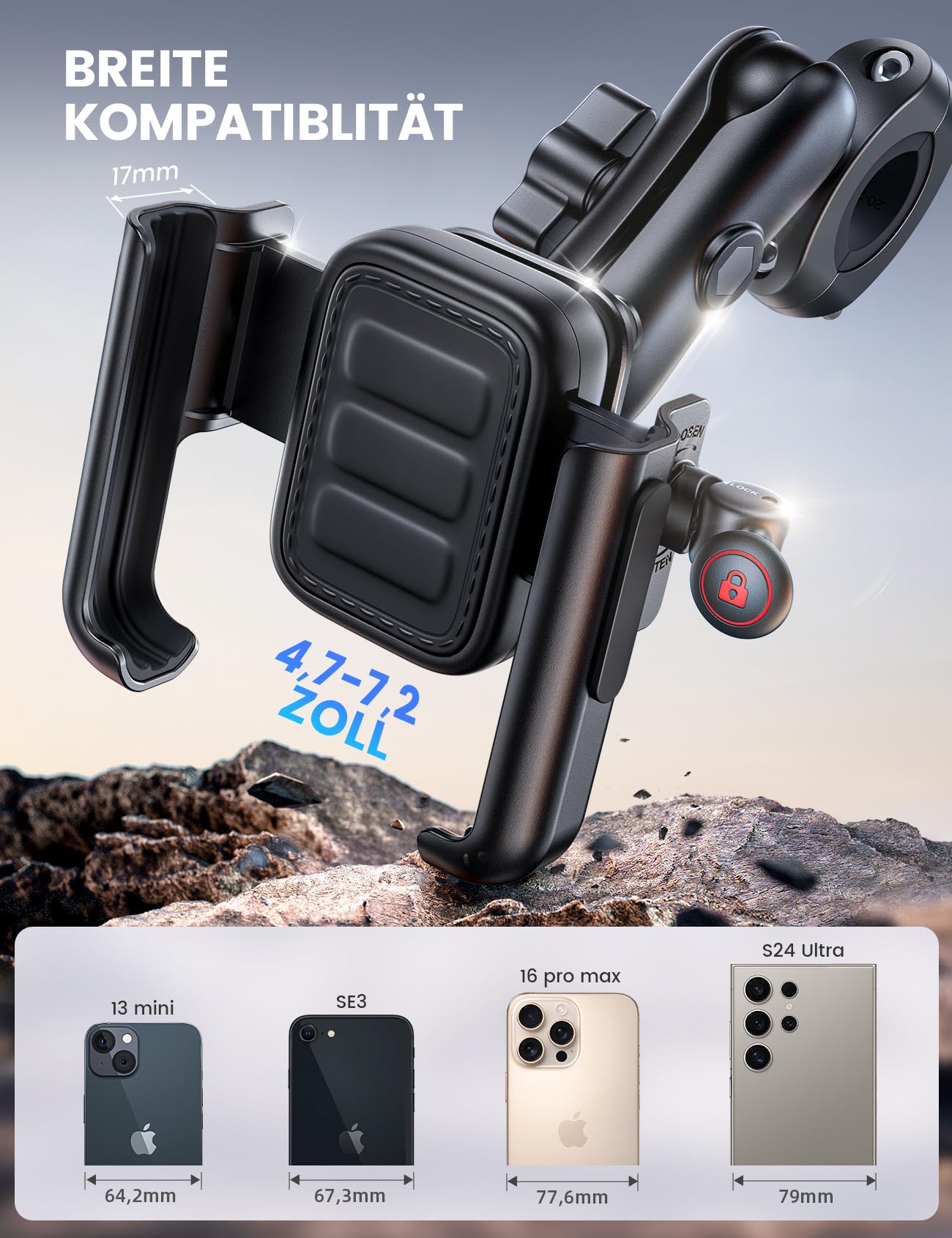 Lamicall Handyhalterung Motorrad, Fahrrad Handyhalter - [Ganzmetall & Vibrationsgedämpft] Handy Halterung Motorrad mit Verlängerungsarm, Lenker Halter für Video, für iPhone 17/16, 4,7-7,2 Zoll Handys