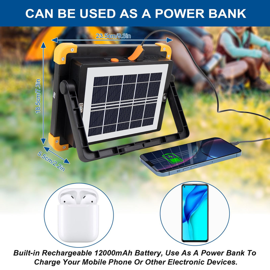 LED Baustrahler Solar 120W, Tragbar Arbeitsstrahler Akku mit 348 LED-Perlen 4 Modi, 10000 Lumen Arbeitsleuchte USB oder Solar Wiederaufladbare Ideal für Camping, Arbeit, Angeln, Schwarz