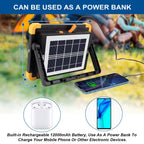 LED Baustrahler Solar 120W, Tragbar Arbeitsstrahler Akku mit 348 LED-Perlen 4 Modi, 10000 Lumen Arbeitsleuchte USB oder Solar Wiederaufladbare Ideal für Camping, Arbeit, Angeln, Schwarz