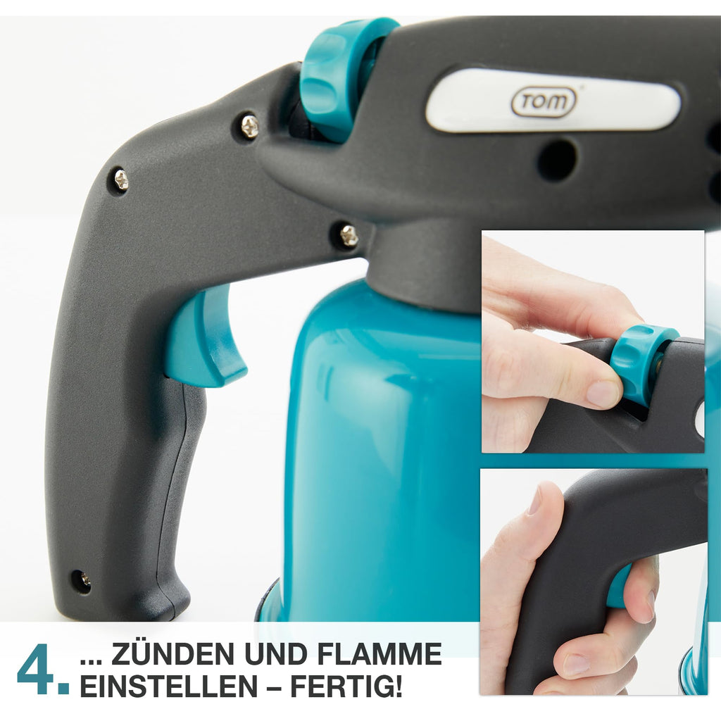 TOM Gas-Lötbrenner im Set – inkl. 4 x 190 g Universal Gaskartuschen – 1300°C – Lötlampe zum Weich- oder Hartlöten – Piezozündung – Bunsenbrenner Gasbrenner (Lötbrenner mit 4 Gaskartuschen)
