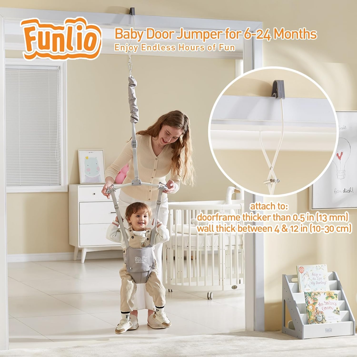 FUNLIO 2-in-1 Baby-Türspringer mit Türklemme und Laufgurt für 6-24 Monate. Stabiler Sprungmechanismus mit verstellbarem Gurt, einfach zu montieren und zu verstauen - Grau
