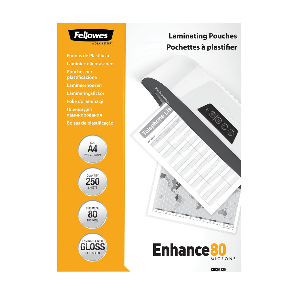 Fellowes Laminierfolien A4, 80 Mikron (2 x 80 mic), glänzend, Value Pack mit 250 Stück