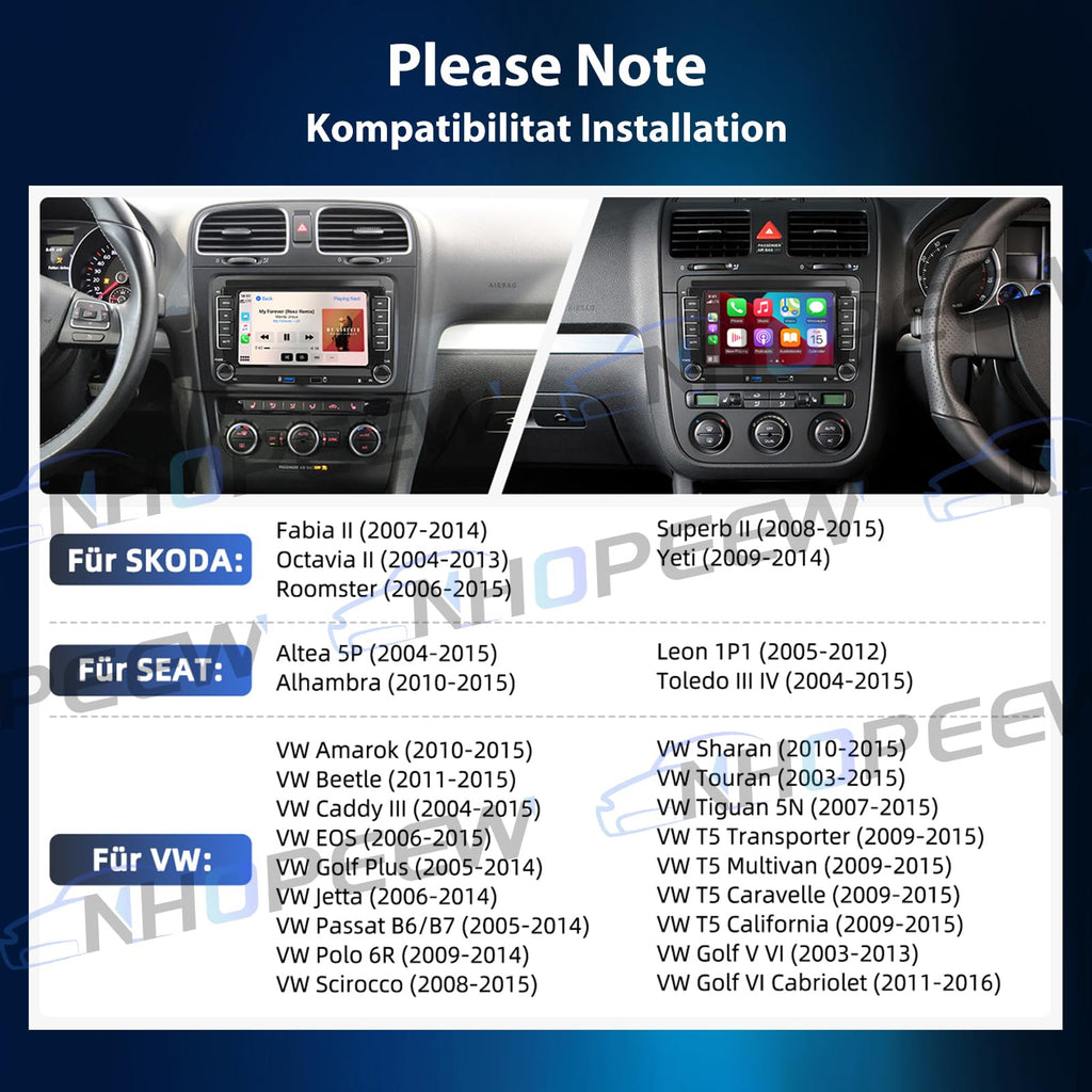 NHOPEEW 7 Zoll Android Autoradio mit 4 + 64 GB und USB Typ-C-Anschluss für VW Passat B6, B7 Golf 5 6 Jetta T5 EOS POLO Touran Seat Sharan Unterstützt CarPlay und Android Auto WiFi GPS + Rückfahrkamera
