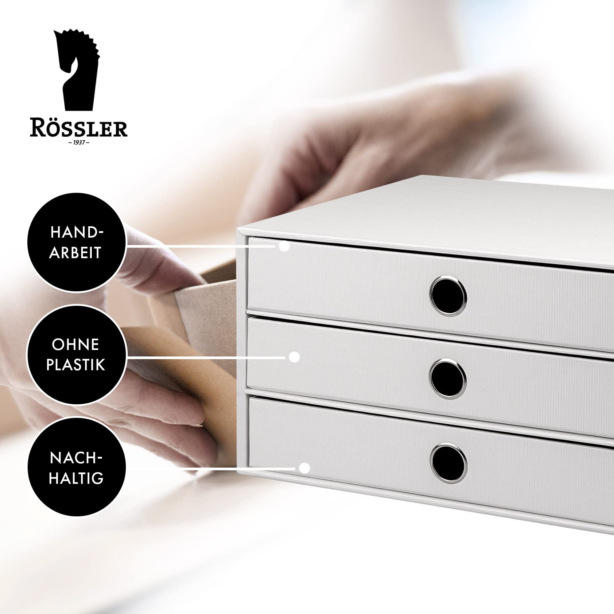 Rössler SOHO 3er Schubladenbox A4 aus Papier | Büro Organizer Schreibtisch| Schubladen Organizer Büro Zubehör & Bürobedarf | Schreibtisch Organizer Box | 34 x 25 x 19 cm | 1 Stück | Farbe: Weiß