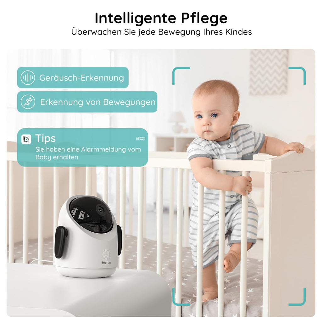 BOIFUN Babyphone mit 2 Kameras, 360 Gard WLAN 2MP Video Babyfon mit App, 4×Zoom, Bewegungsverfolgung, IR Nachtsicht, Weinen/Bewegungs/Geräuscherkennung, Temperaturerkennung