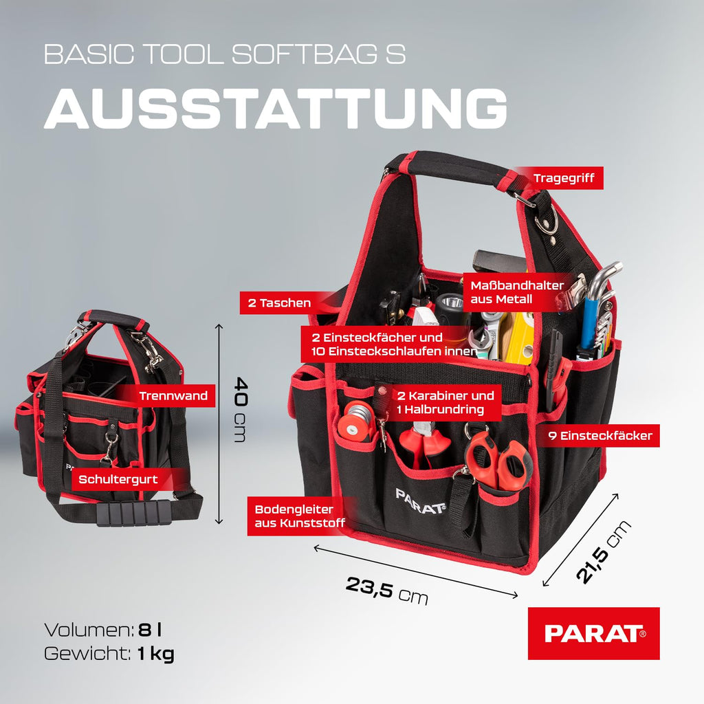 PARAT BASIC Tool Softbag S | Robuste Werkzeugtasche für Elektriker & Handwerker | Kompakte Tool Bag mit Schultergurt & Tragegriff | Kompakte Werkzeugtasche mit 21 Fächern & Reißverschlusstasche