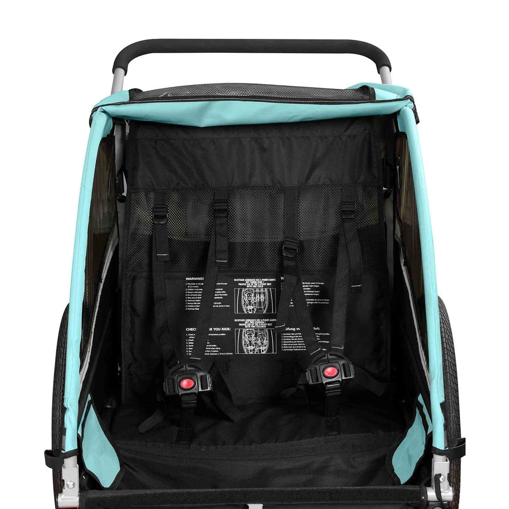 SAMAX Fahrradanhänger Jogger 2in1 360° drehbar Kinderanhänger Kinderfahrradanhänger Transportwagen vollgefederte Hinterachse für 2 Kinder in Türkis - Black Edition