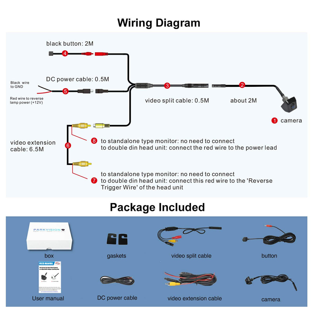 PARKVISION Rückfahrkamera,DC 12-24V Breitspannungs Frontkamera,Clever EIN Schlüssel Schwarzer Knopf,Flexible Einbaulage zulässig,NTSC TV System,4 Richtlinien optional-Schwarz