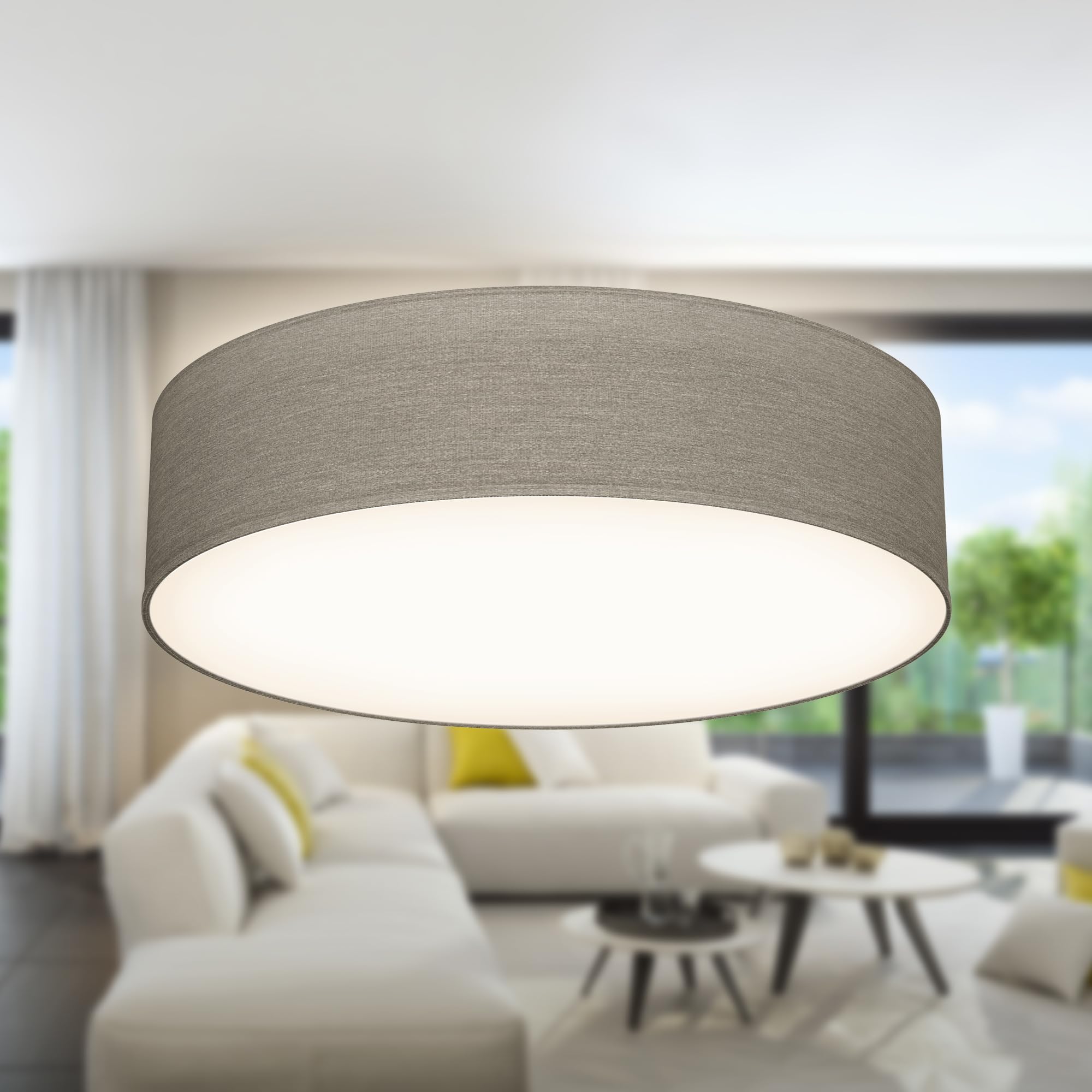 B.K.Licht - Deckenlampe mit Lampenschirm aus Stoff, E27 Fassung, max. 40 Watt, Deckenleuchte, Lampe, Wohnzimmerlampe, Schlafzimmerlampe, Küchenlampe, Deckenbeleuchtung, 38x10 cm, Taupe
