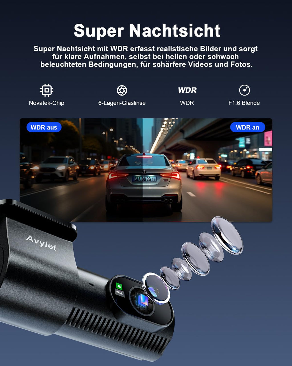 Avylet 4K+1080P Dashcam Auto Vorne Hinten, 5GHz Wi-Fi/APP Mini Dual Auto Kamera,1,5″ IPS, Unterstützt Externes GPS-Modul, Parküberwachung, Super Nachtsicht, WDR, 170°Weitwinkel, G-Sensor, Max 256GB