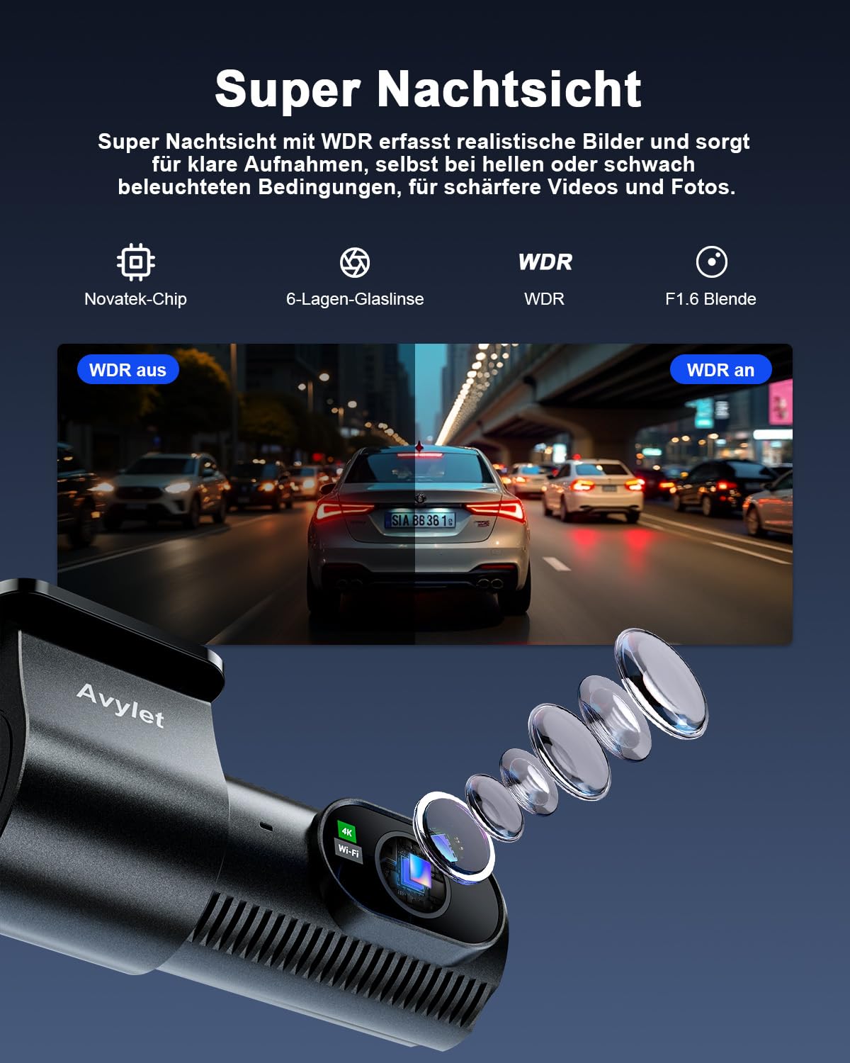 Avylet 4K+1080P Dashcam Auto Vorne Hinten, 5GHz Wi-Fi/APP Mini Dual Auto Kamera,1,5″ IPS, Unterstützt Externes GPS-Modul, Parküberwachung, Super Nachtsicht, WDR, 170°Weitwinkel, G-Sensor, Max 256GB