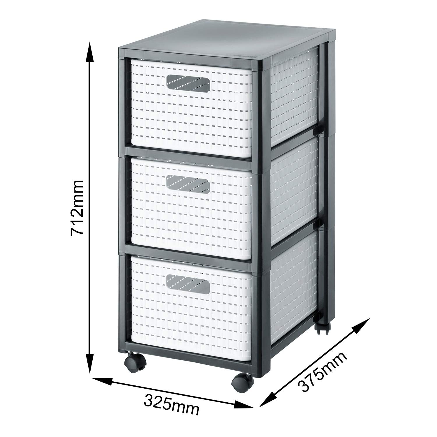 Rotho Country Rollcontainer mit 3 Schubladen in Rattan-Optik, Kunststoff (PP) BPA-frei, weiss, 3 x A4/18l (37.5 x 32.5 x 71.2 cm)