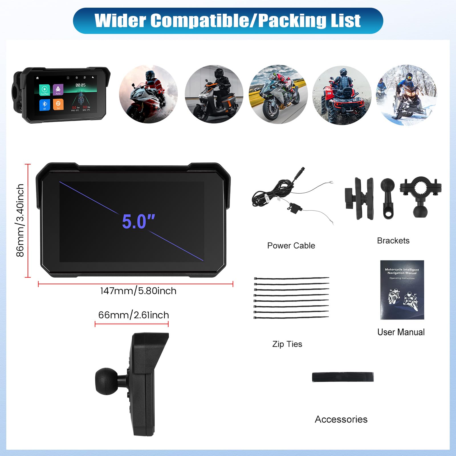 Motorcycle GPS CarPlay Screen with Motorcycle Design Holder, Wireless Carplay and Android Car, Portable Waterproof 5 Inch Touchscreen Motorcycle GPS CarPlay Screen Supports Bluetooth, Siri