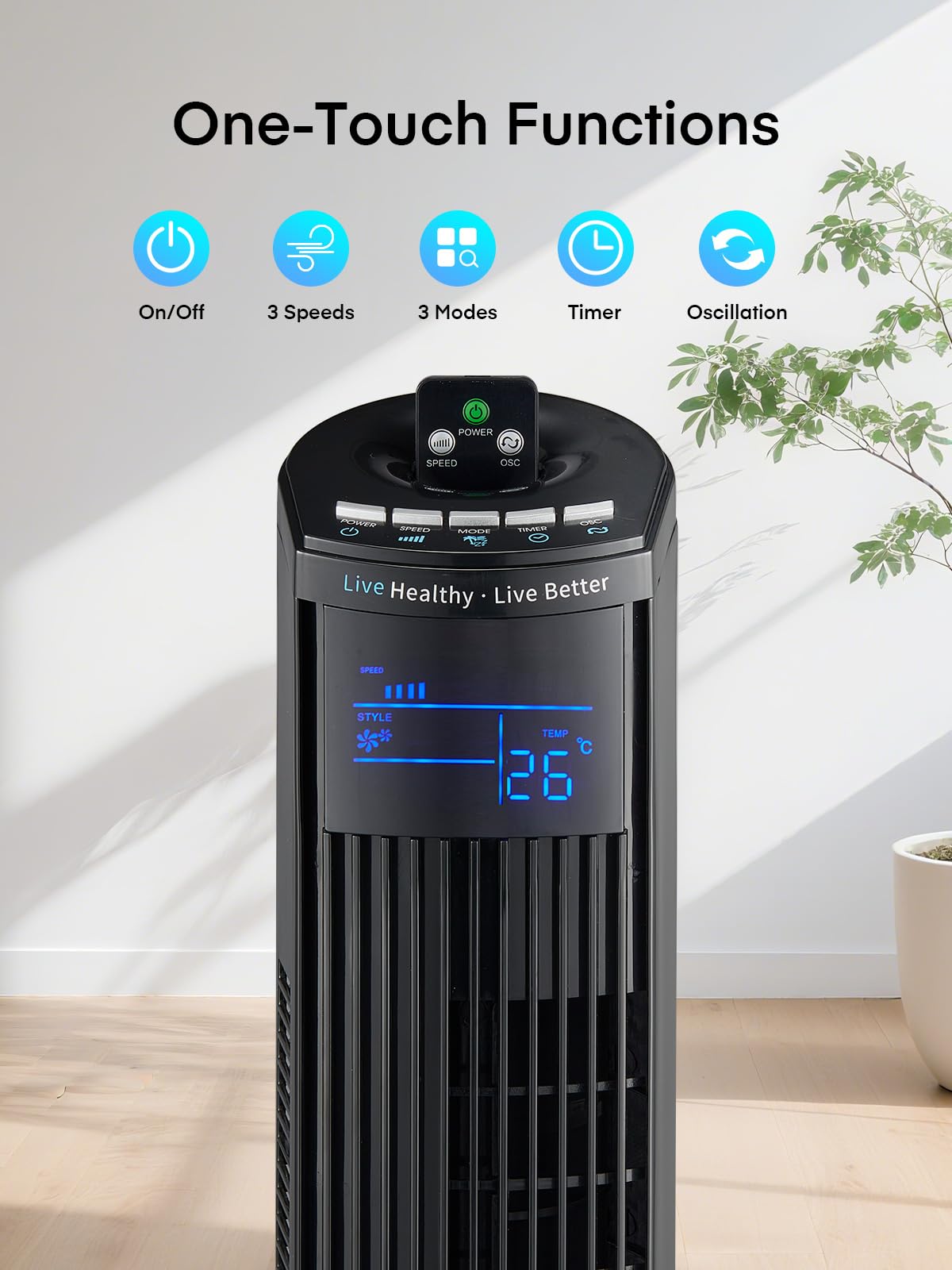 FOHERE Leiser Turmventilator, 91CM Oszillierender Stand Ventilator mit Kühlung Fernbedienung, 12-Stunden-Timer und Schlafmodus, Tragbarer Ventilator ohne Flügel für Schlafzimmer, Schwarz
