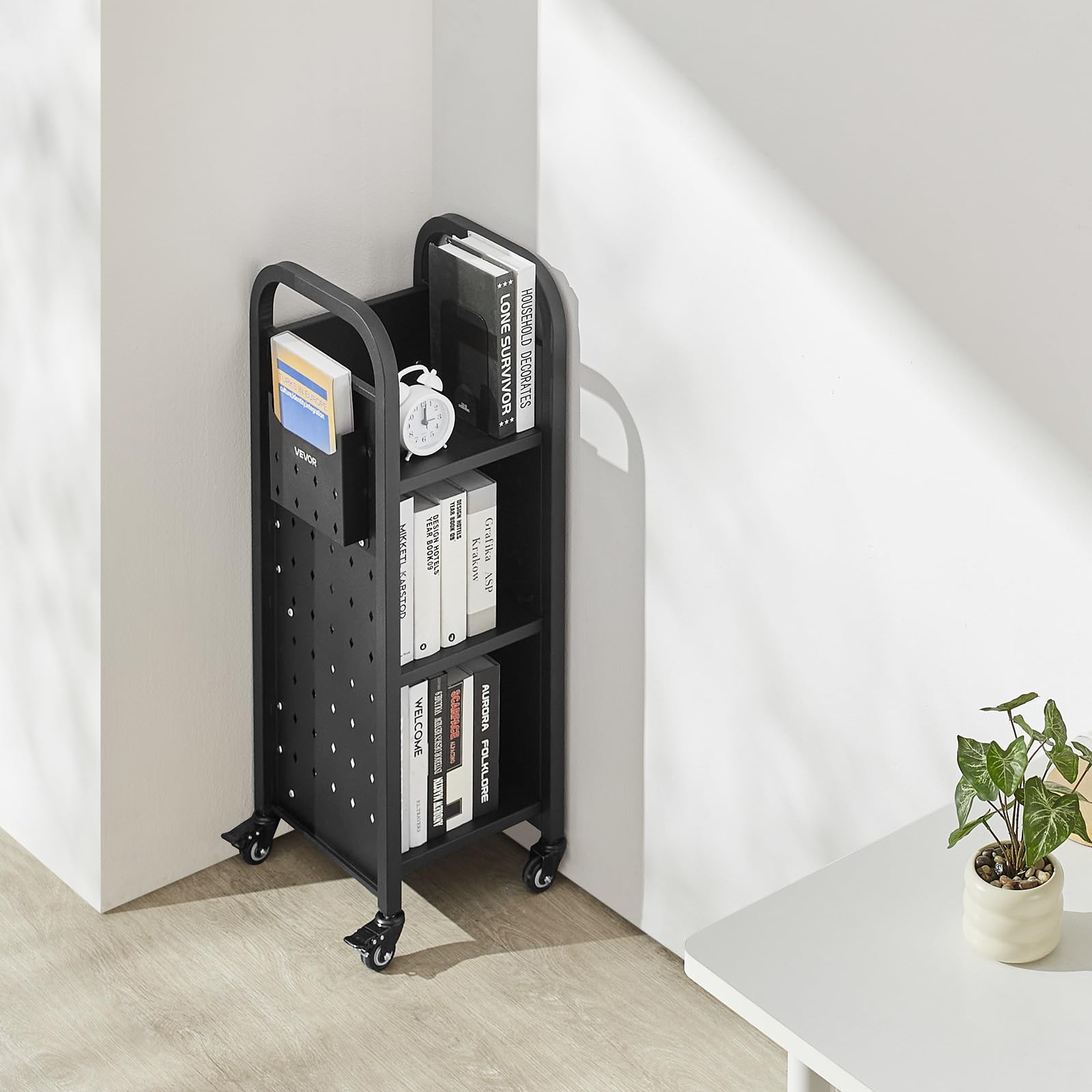 VEVOR Bücherwagen, 100 kg Tragkraft, Bibliothekswagen, 32 x 35 x 93,5 cm, einseitiges L-förmiges Bücherregal mit Doppelbremsrollen, Bücherregalwagen für Wohnzimmer, Büro, Schule, Schwarz