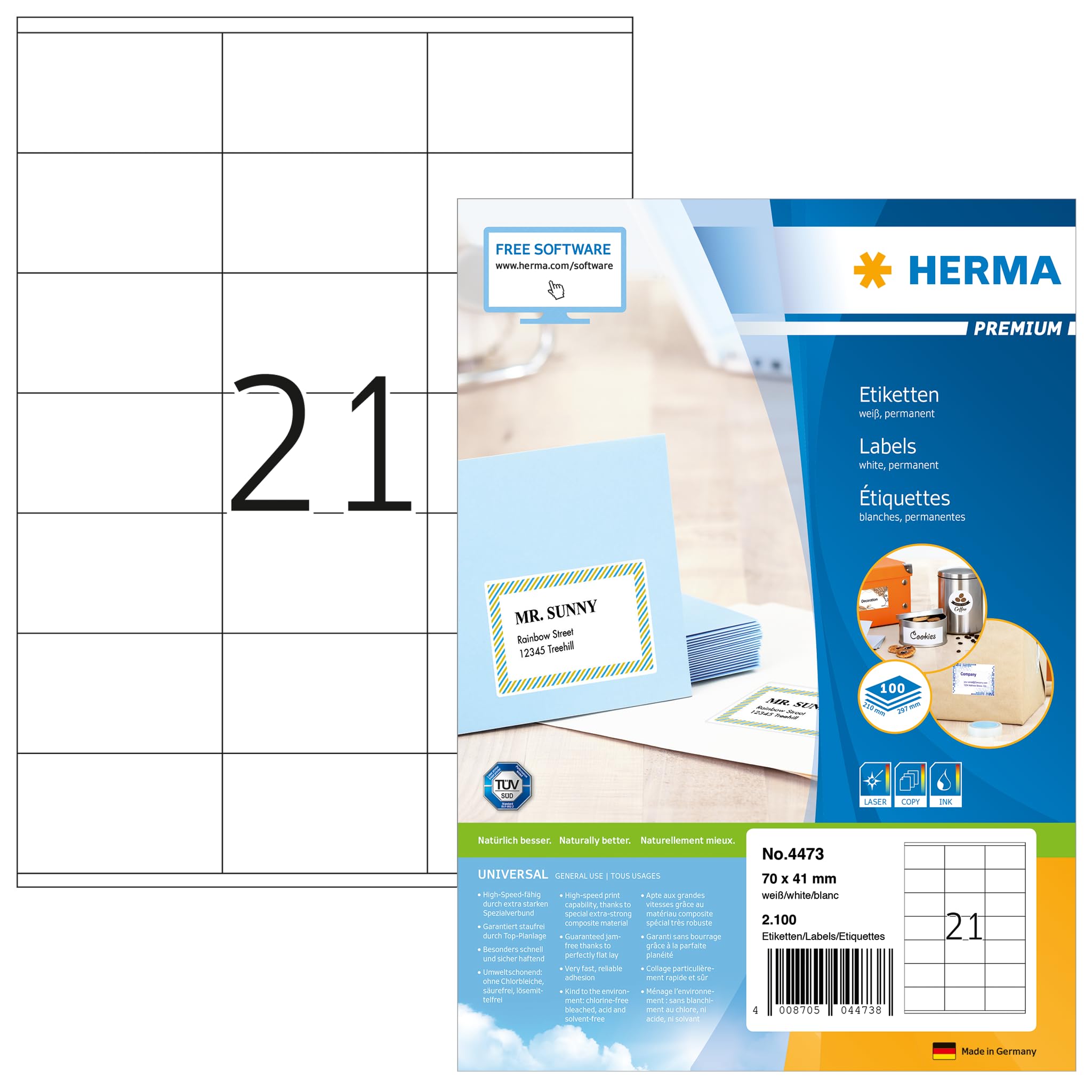 HERMA 4473 Adressetiketten, 100 Blatt, 70 x 41 mm, 21 pro A4 Bogen, 2100 Stück, selbstklebend, bedruckbar, matt, blanko Papier Adressaufkleber Etiketten, weiß